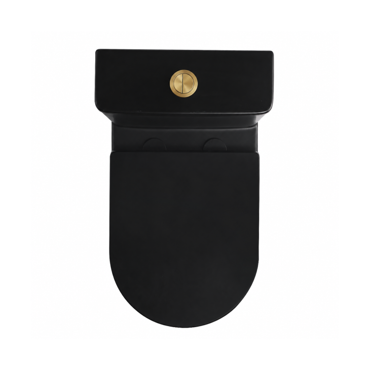 Matt Black Close Coupled Rimless Open Back Short Projection Toilet with Brushed Brass Button and Tornado Flush - Newport