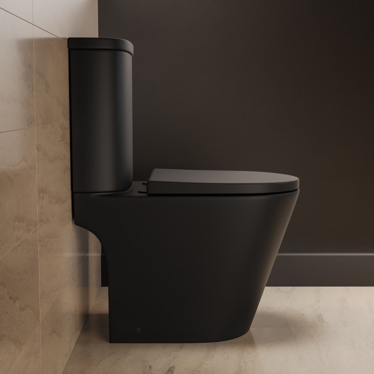 Matt Black Close Coupled Rimless Open Back Short Projection Toilet with Brushed Brass Button and Tornado Flush - Newport