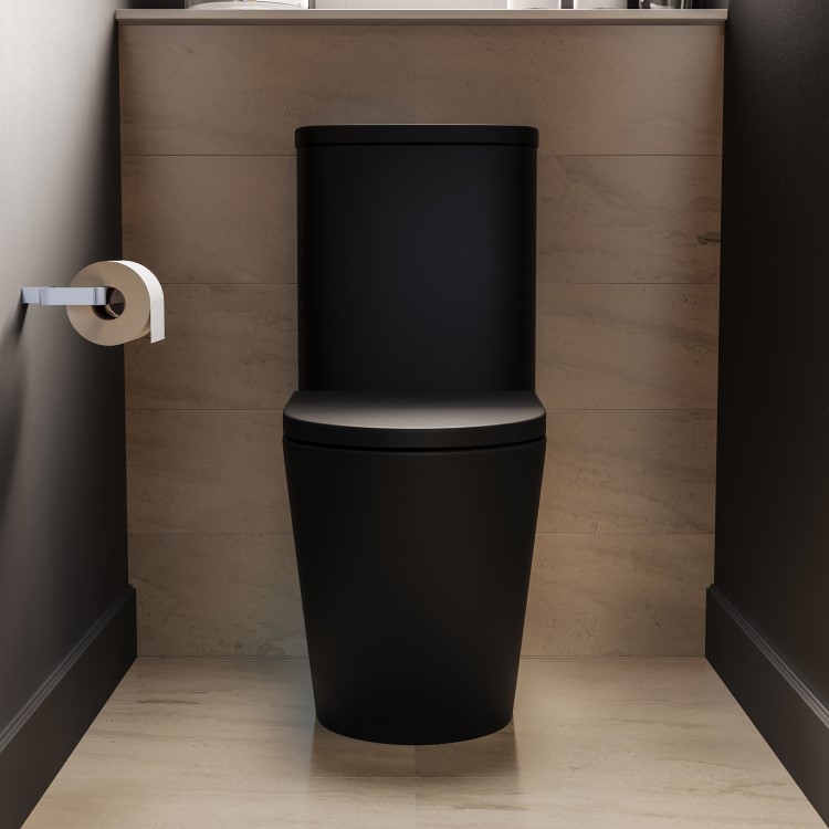 Matt Black Close Coupled Rimless Open Back Short Projection Toilet with Brushed Brass Button and Tornado Flush - Newport
