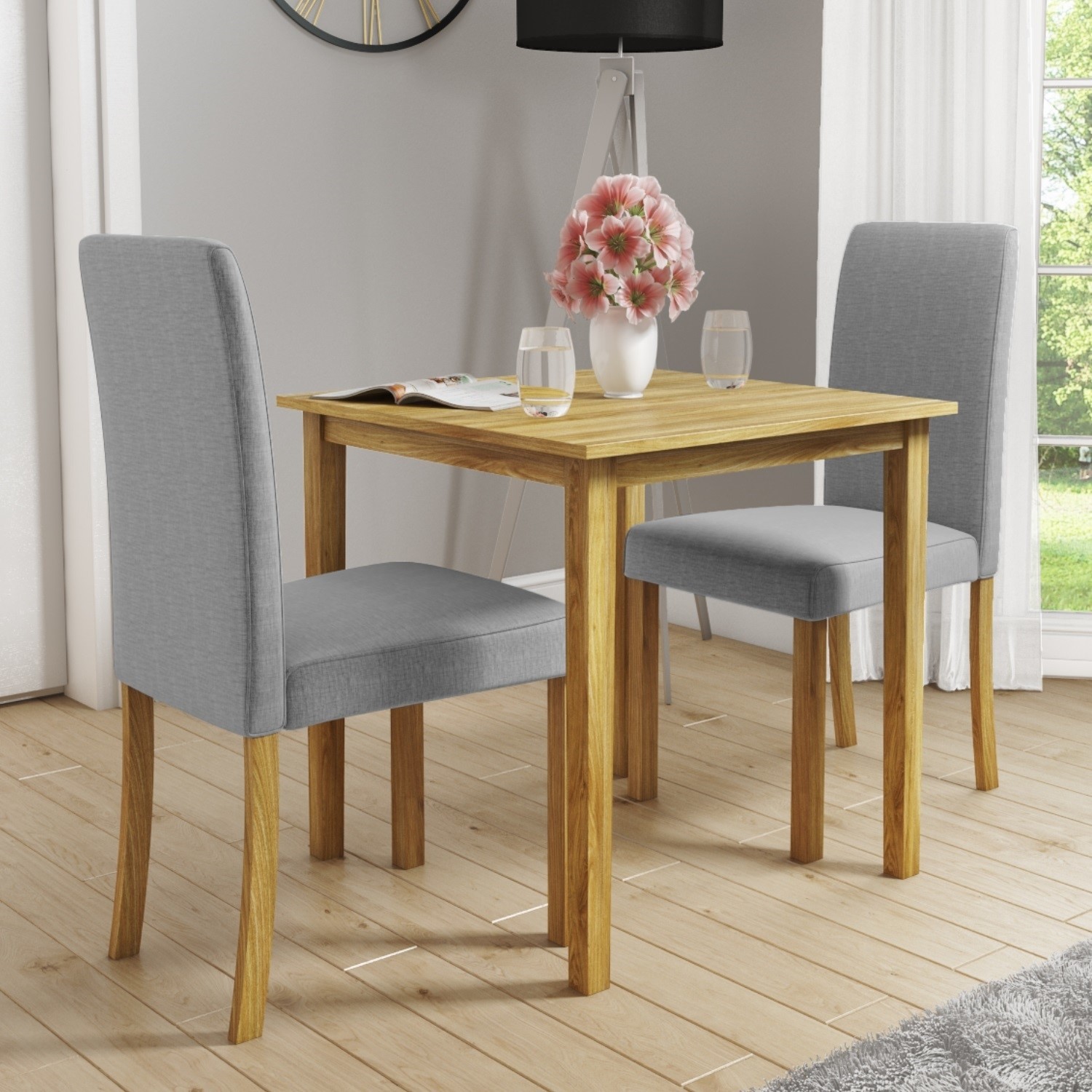 New Haven Small Kitchen Dining Set With 2 Grey Upholstered Chairs