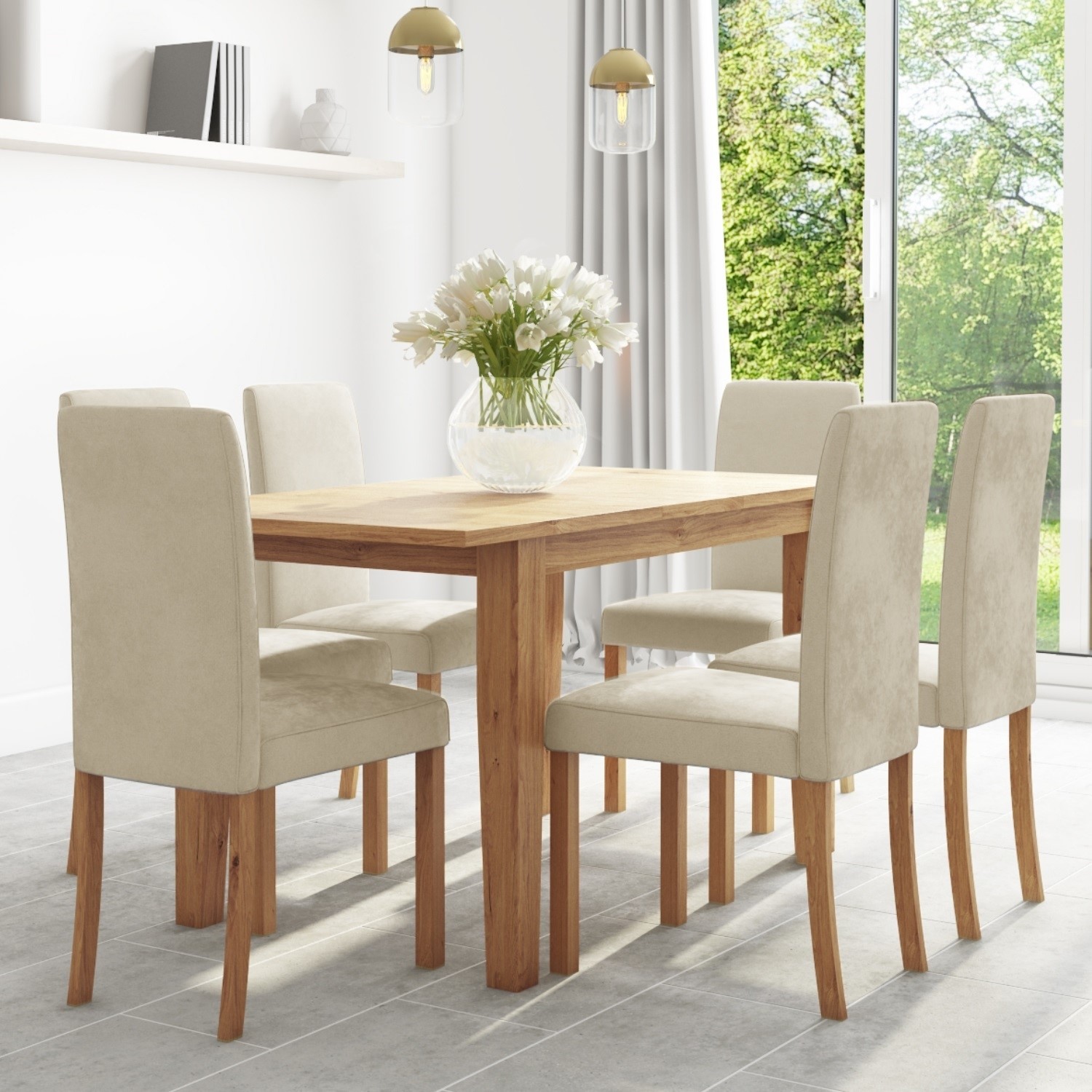 Oak Extendable Dining Table 6 Cream Velvet Chairs New Haven BUN NHA027 76624 EBay Oak Extendable Dining Table 6 Cream Velvet Chairs New Haven BUN NHA027 76624 EBay