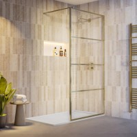 1000mm Brushed Brass Grid Shower Screen for Wet Room & Walk In Shower with 300mm Hinged Panel - Nova