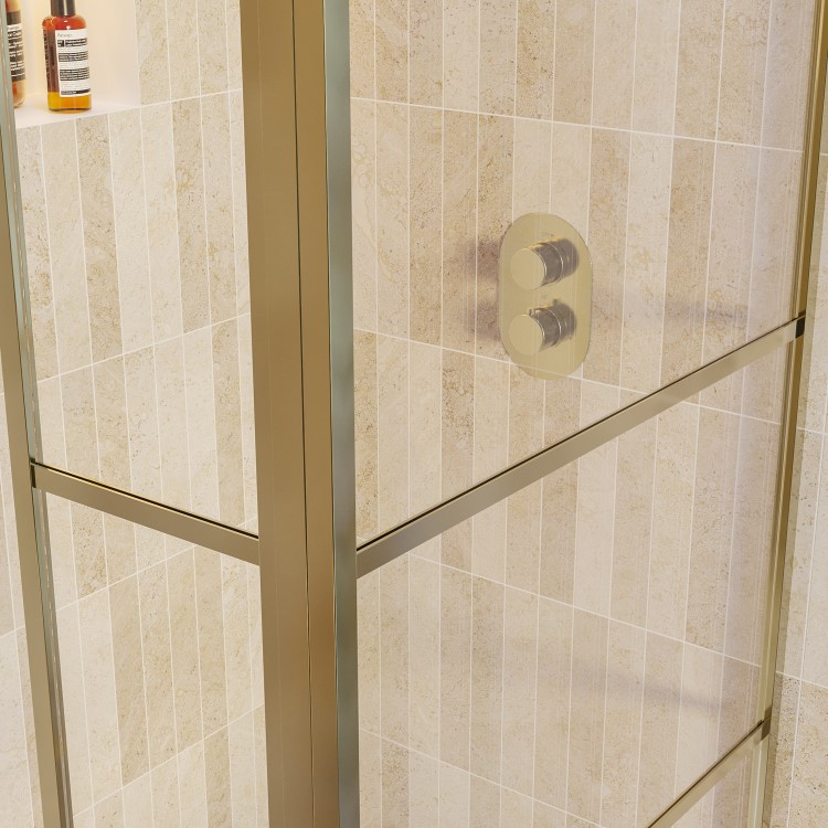 800mm Brushed Brass Grid Shower Screen for Wet Room & Walk In Shower with 300mm Hinged Panel - Nova