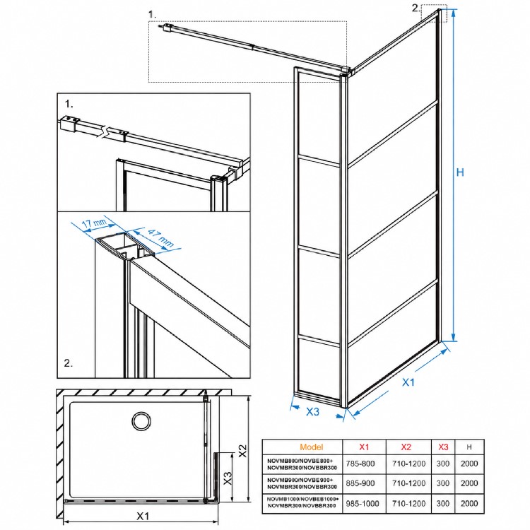 800mm Brushed Brass Grid Shower Screen for Wet Room & Walk In Shower with 300mm Hinged Panel - Nova