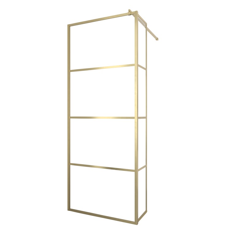 800mm Brushed Brass Grid Shower Screen for Wet Room & Walk In Shower with 300mm Hinged Panel - Nova