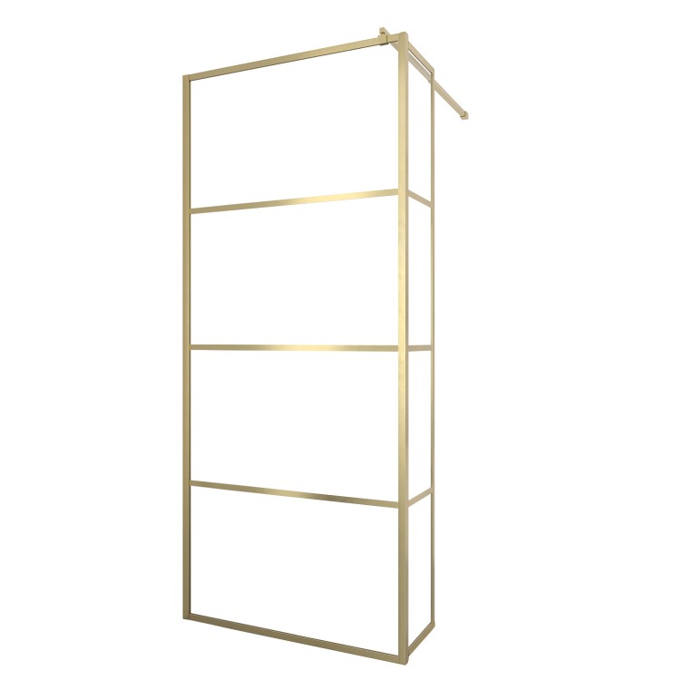 900mm Brushed Brass Grid Shower Screen for Wet Room & Walk In Shower with 300mm Hinged Panel - Nova