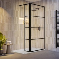 1000mm Black Grid Shower Screen for Wet Room & Walk In Shower with 300mm Hinged Panel - Nova