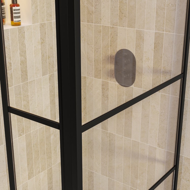900mm Black Grid Shower Screen for Wet Room & Walk In Shower with 300mm Hinged Panel - Nova