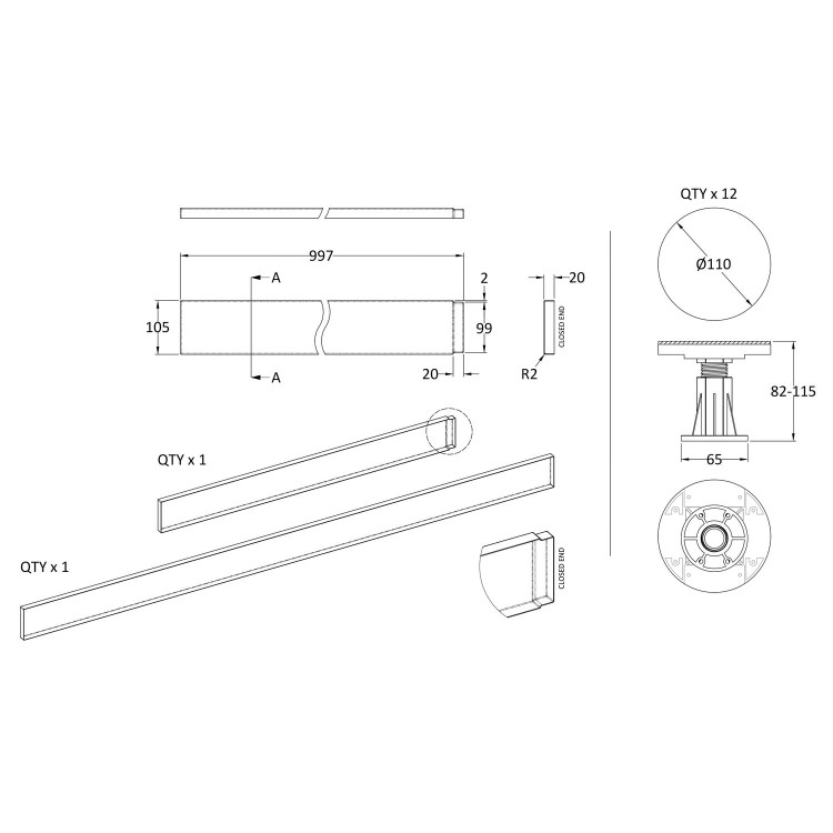 Leg Riser Kit Suitable for 1300-1800mm Rectangular & Walk-in Trays