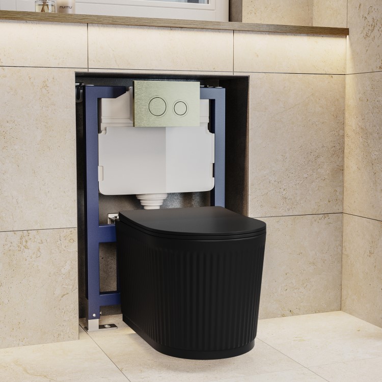Matt Black Fluted Wall Hung Rimless Short Projection Toilet with Soft Close Seat - Oregon