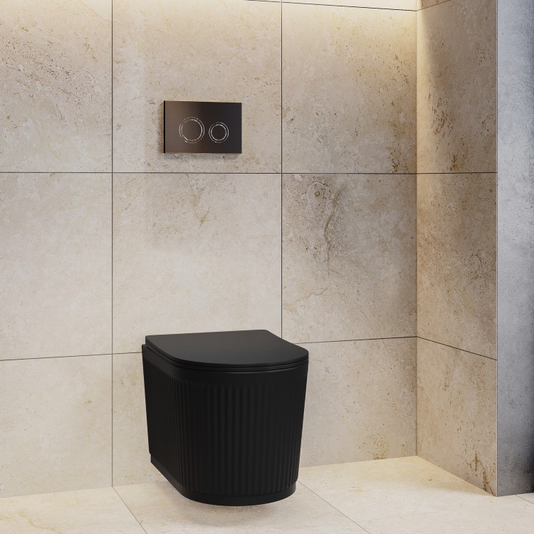Matt Black Fluted Wall Hung Rimless Toilet with Soft Close Seat, Chrome Mechanical Flush Plate, 1168mm Frame & Cistern – Oregon