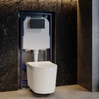 Fluted Wall Hung Rimless Toilet with Soft Close Seat, Matt Black Mechanical Flush Plate, 1168mm Frame & Cistern – Oregon