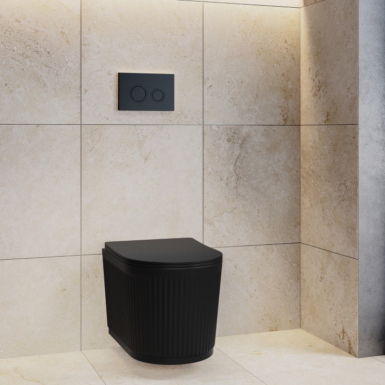 Matt Black Fluted Wall Hung Rimless Toilet with Soft Close Seat, Black Mechanical Flush Plate, 1168mm Frame & Cistern – Oregon