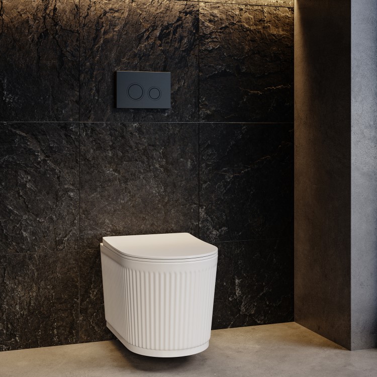Fluted Wall Hung Rimless Toilet with Soft Close Seat, Matt Black Mechanical Flush Plate, 1168mm Frame & Cistern – Oregon