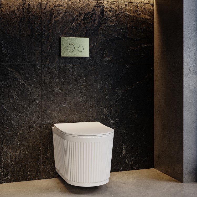 Fluted Wall Hung Rimless Toilet with Soft Close Seat, Brushed Brass Mechanical Flush Plate, 1168mm Frame & Cistern – Oregon