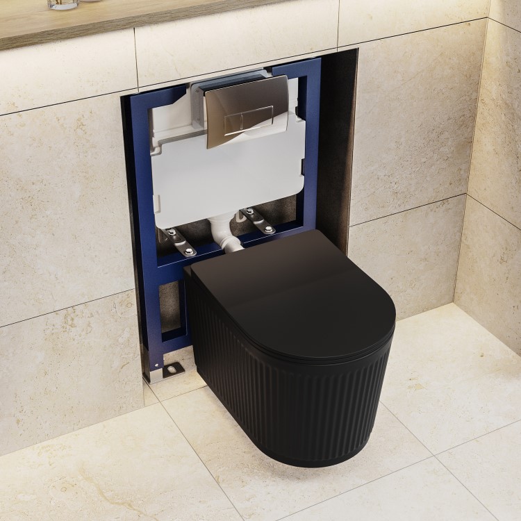 Matt Black Fluted Wall Hung Rimless Toilet with Soft Close Seat, Chrome Pneumatic Flush Plate, 820mm Frame & Cistern – Oregon