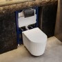 Fluted Wall Hung Rimless Toilet with Soft Close Seat, Matt Black Pneumatic Flush Plate, 820mm Frame & Cistern – Oregon