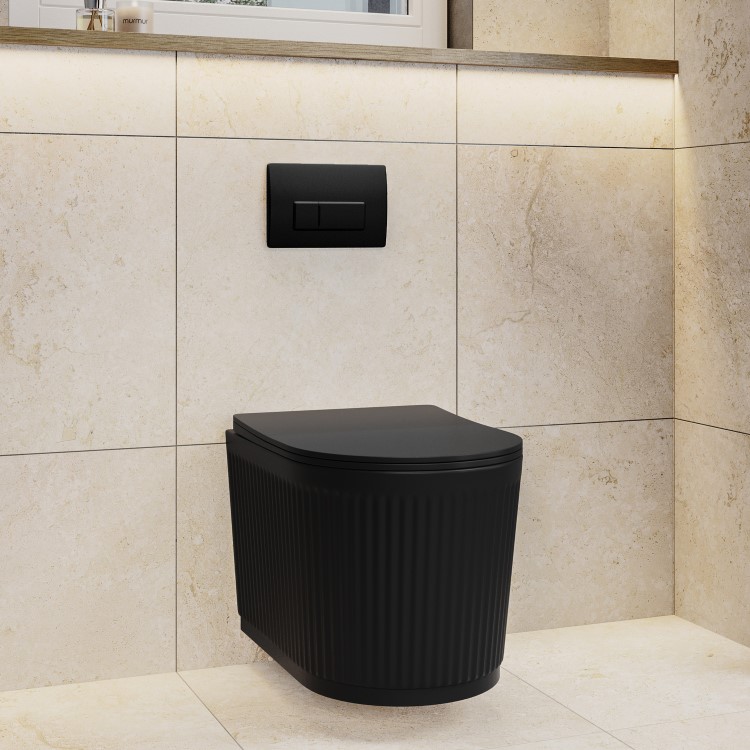 Matt Black Fluted Wall Hung Rimless Toilet with Soft Close Seat, Matt Black Pneumatic Flush Plate, 820mm Frame & Cistern – Oregon