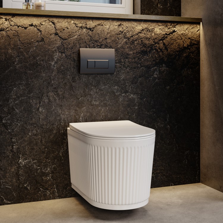 Fluted Wall Hung Rimless Toilet with Soft Close Seat, Matt Black Pneumatic Flush Plate, 820mm Frame & Cistern – Oregon