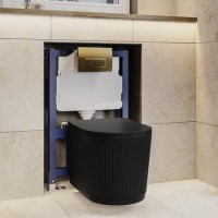 Matt Black Fluted Wall Hung Rimless Toilet with Soft Close Seat, Brushed Brass Pneumatic Flush Plate, 820mm Frame & Cistern – Oregon