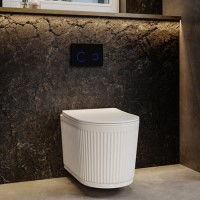 Fluted Wall Hung Rimless Toilet with Soft Close Seat, Black Glass Sensor Flush Plate, 820mm Frame & Cistern – Oregon