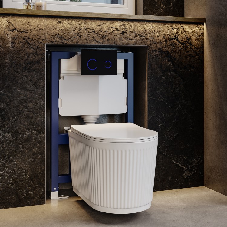 Fluted Wall Hung Rimless Toilet with Soft Close Seat, Black Glass Sensor Flush Plate, 820mm Frame & Cistern – Oregon