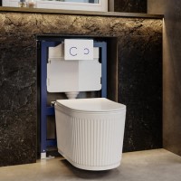 Fluted Wall Hung Rimless Toilet with Soft Close Seat, White Glass Sensor Flush Plate, 820mm Frame & Cistern – Oregon