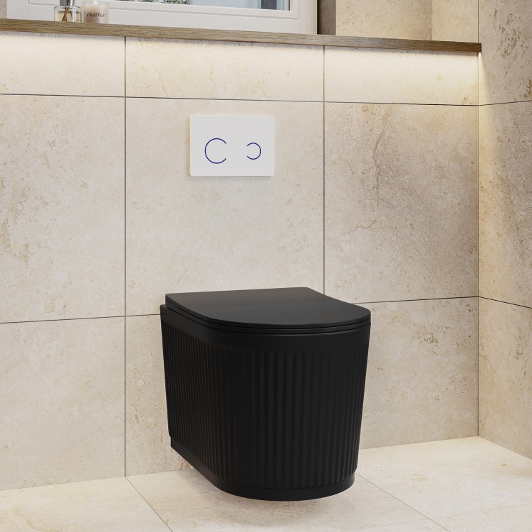 Matt Black Fluted Wall Hung Rimless Toilet with Soft Close Seat, White Glass Sensor Flush Plate, 820mm Frame & Cistern – Oregon