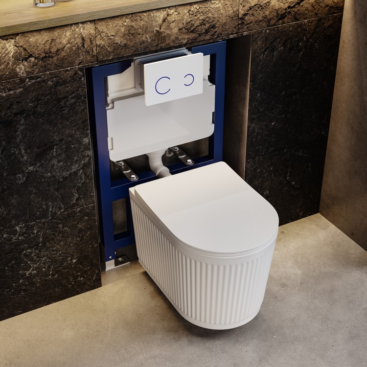 Fluted Wall Hung Rimless Toilet with Soft Close Seat, White Glass Sensor Flush Plate, 820mm Frame & Cistern – Oregon