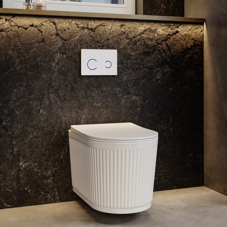 Fluted Wall Hung Rimless Toilet with Soft Close Seat, White Glass Sensor Flush Plate, 820mm Frame & Cistern – Oregon