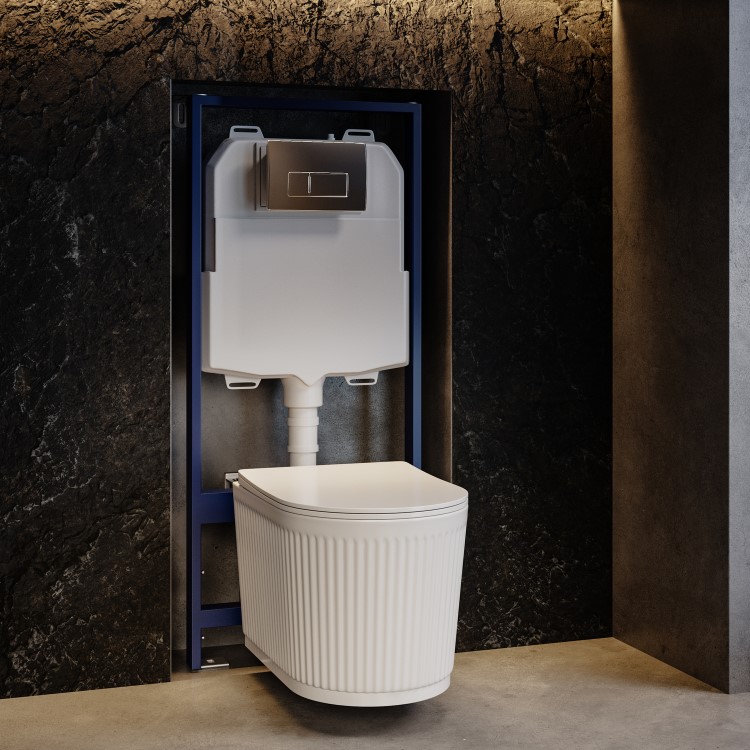 Fluted Wall Hung Rimless Toilet with Soft Close Seat, Chrome Pneumatic Flush Plate, 1168mm Frame & Cistern – Oregon