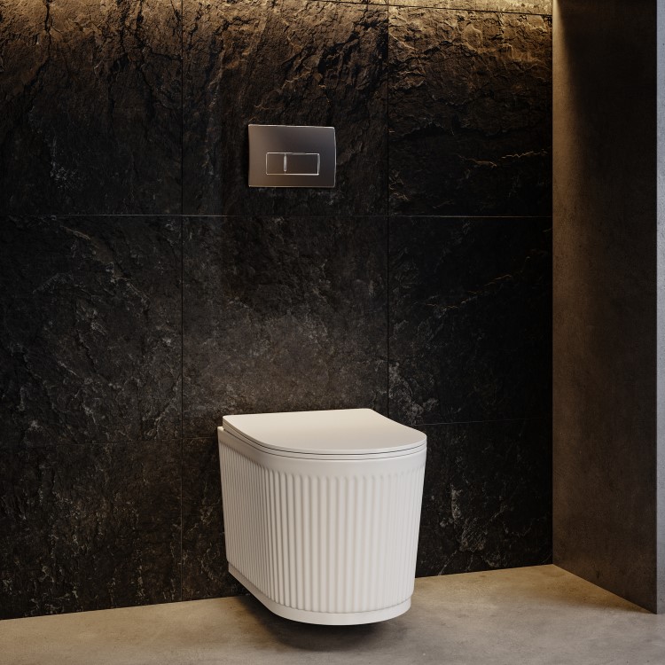 Fluted Wall Hung Rimless Toilet with Soft Close Seat, Chrome Pneumatic Flush Plate, 1168mm Frame & Cistern – Oregon