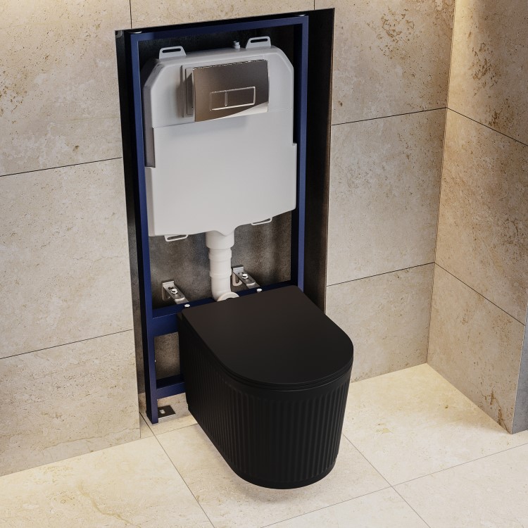 Matt Black Fluted Wall Hung Rimless Toilet with Soft Close Seat, Chrome Pneumatic Flush Plate, 1168mm Frame & Cistern – Oregon