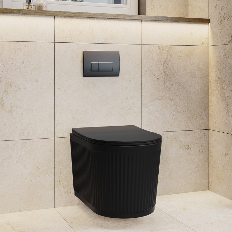 Matt Black Fluted Wall Hung Rimless Toilet with Soft Close Seat, Gunmetal Pneumatic Flush Plate, 820mm Frame & Cistern – Oregon