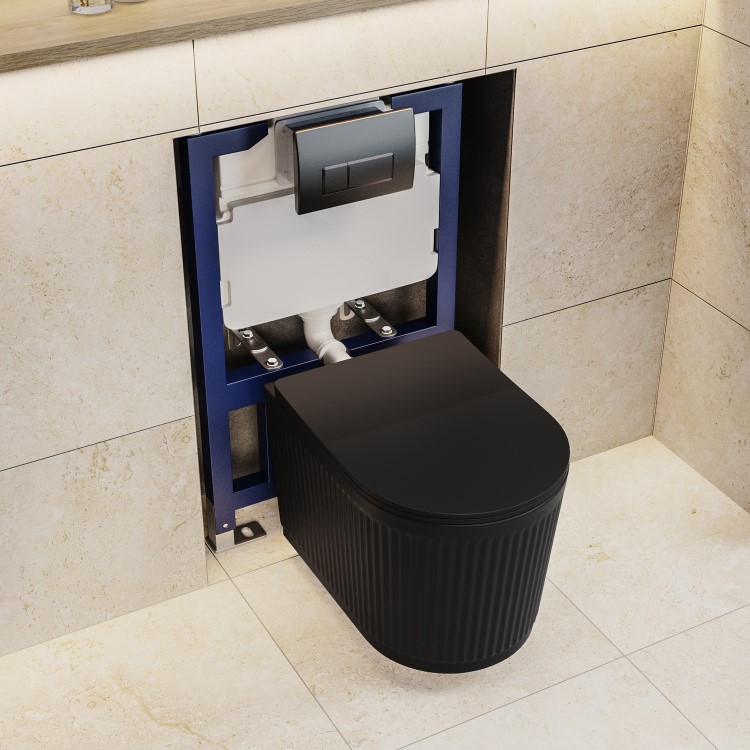 Matt Black Fluted Wall Hung Rimless Toilet with Soft Close Seat, Gunmetal Pneumatic Flush Plate, 820mm Frame & Cistern – Oregon