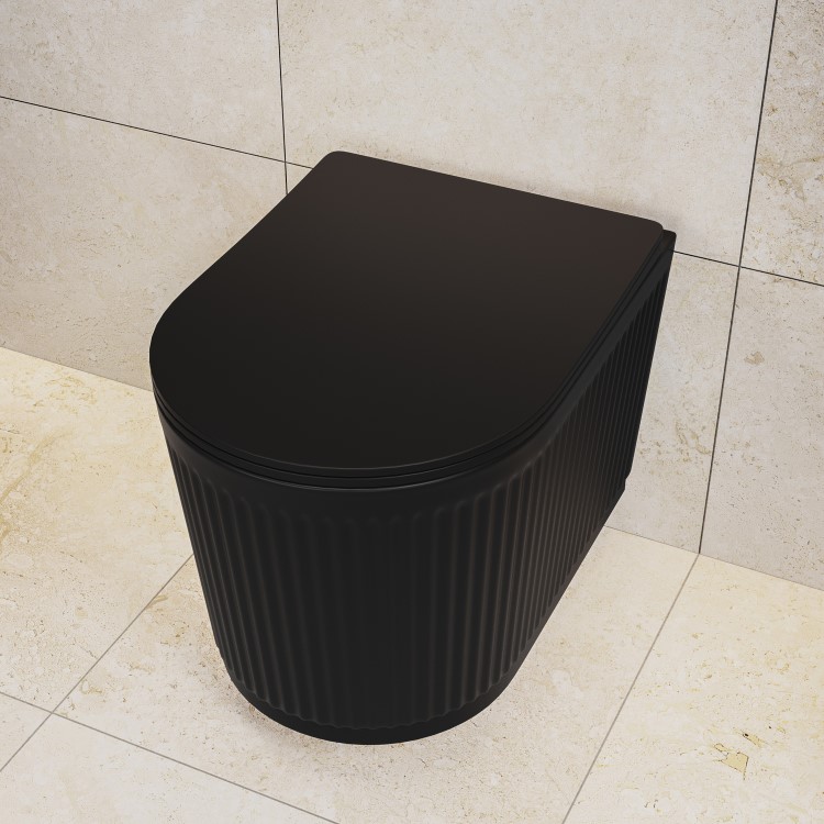 Matt Black Fluted Wall Hung Rimless Toilet with Soft Close Seat, Gunmetal Pneumatic Flush Plate, 820mm Frame & Cistern – Oregon