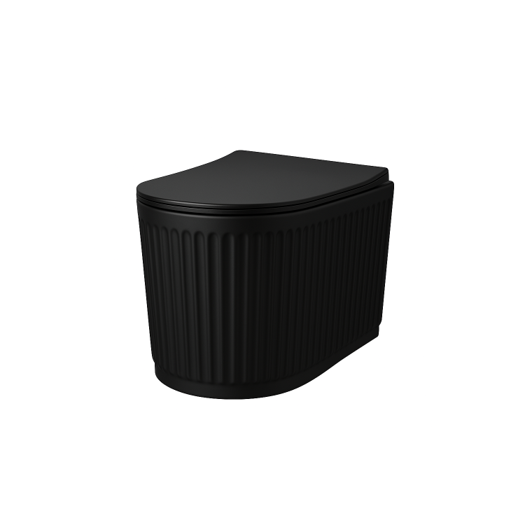 Matt Black Fluted Wall Hung Rimless Toilet with Soft Close Seat, Gunmetal Pneumatic Flush Plate, 820mm Frame & Cistern – Oregon