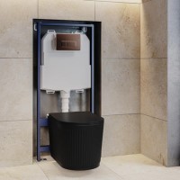 Matt Black Fluted Wall Hung Rimless Toilet with Soft Close Seat, Brushed Bronze Pneumatic Flush Plate, 1168mm Frame & Cistern – Oregon