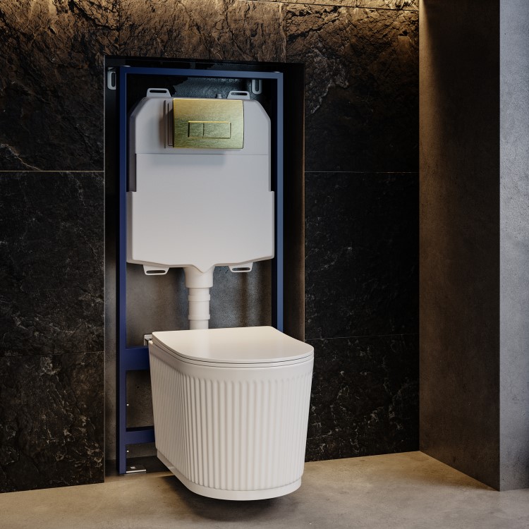 Fluted Wall Hung Rimless Toilet with Soft Close Seat, Brushed Brass Pneumatic Flush Plate, 1168mm Frame & Cistern – Oregon