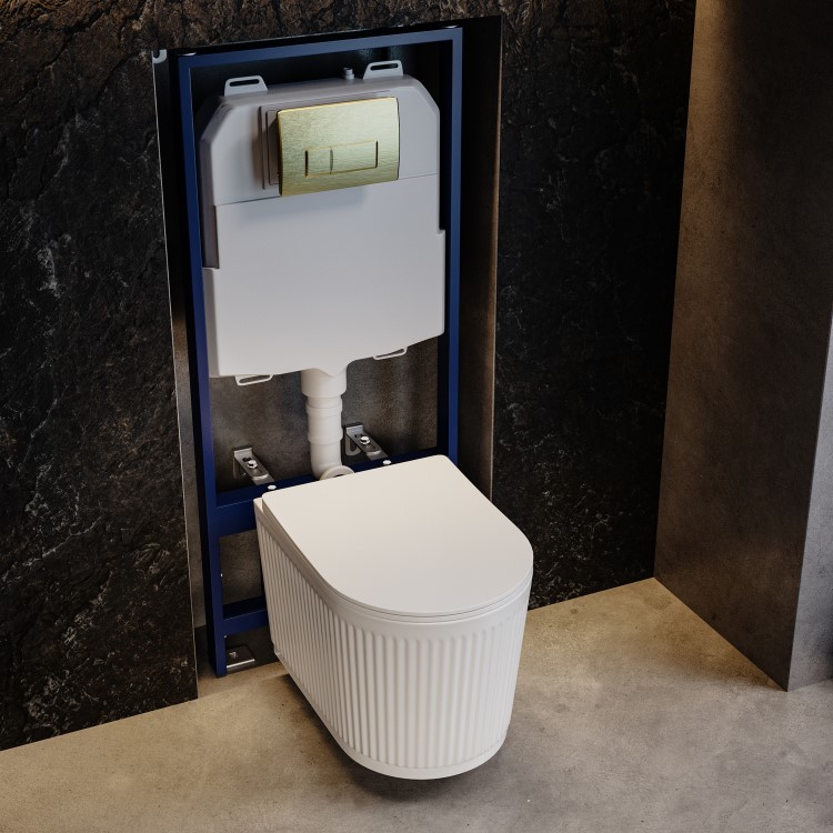 Fluted Wall Hung Rimless Toilet with Soft Close Seat, Brushed Brass Pneumatic Flush Plate, 1168mm Frame & Cistern – Oregon