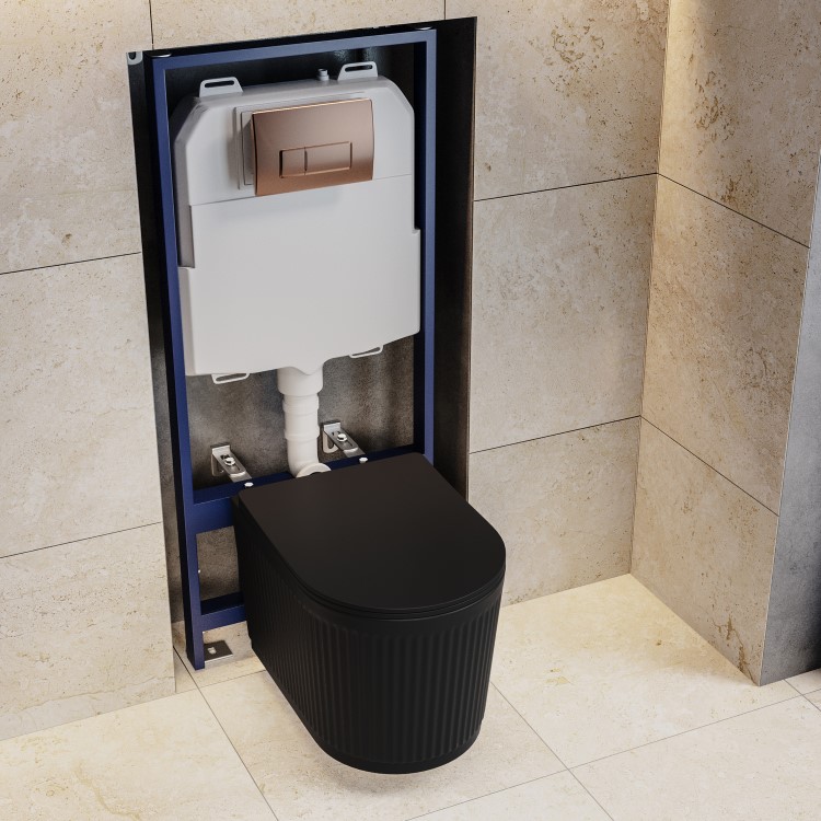 Matt Black Fluted Wall Hung Rimless Toilet with Soft Close Seat, Brushed Bronze Pneumatic Flush Plate, 1168mm Frame & Cistern – Oregon