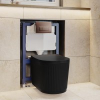 Matt Black Fluted Wall Hung Rimless Toilet with Soft Close Seat, Brushed Bronze Pneumatic Flush Plate, 820mm Frame & Cistern – Oregon