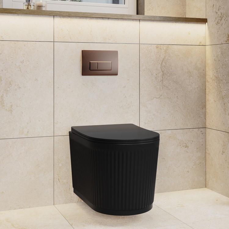 Matt Black Fluted Wall Hung Rimless Toilet with Soft Close Seat, Brushed Bronze Pneumatic Flush Plate, 820mm Frame & Cistern – Oregon