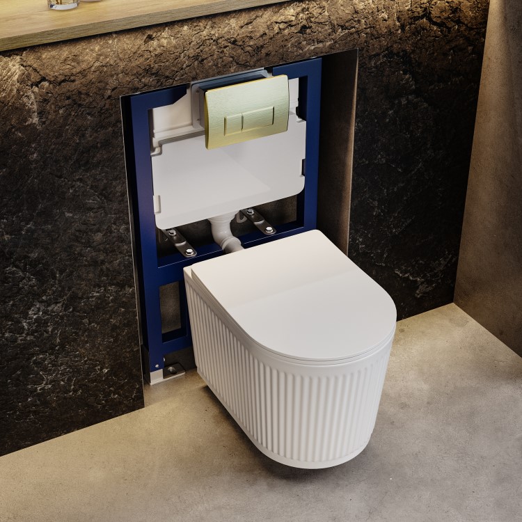 Fluted Wall Hung Rimless Toilet with Soft Close Seat, Brushed Brass Pneumatic Flush Plate, 820mm Frame & Cistern – Oregon