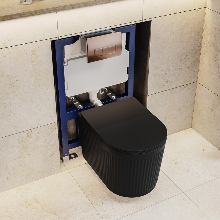 Matt Black Fluted Wall Hung Rimless Toilet with Soft Close Seat, Brushed Bronze Pneumatic Flush Plate, 820mm Frame & Cistern – Oregon