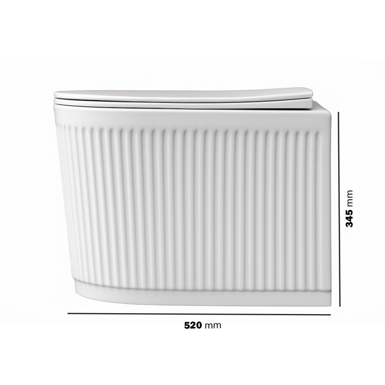 Fluted Wall Hung Rimless Toilet with Soft Close Seat, Chrome Mechanical Flush Plate, 1168mm Frame & Cistern – Oregon