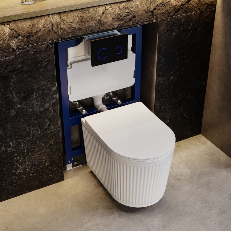 Fluted Wall Hung Toilet with Soft Close Seat, Black Glass Sensor Flush Plate, 820mm Frame & Cistern - Oregon