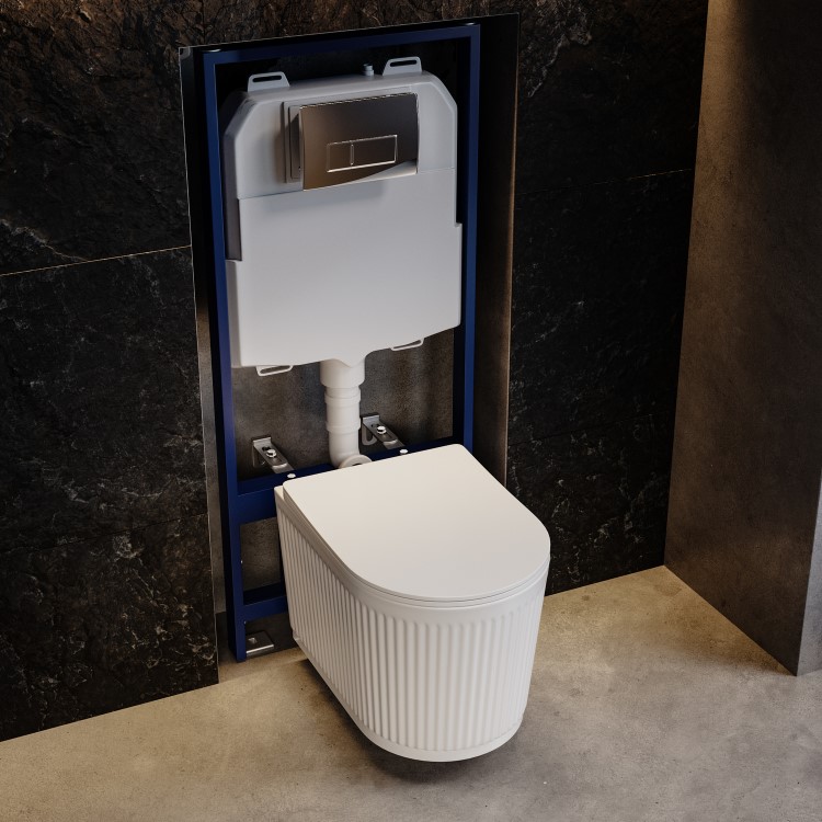 Fluted Wall Hung Toilet with Soft Close Seat, Chrome Pneumatic Flush Plate, 1160mm Frame & Cistern - Oregon