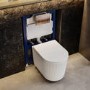 Fluted Wall Hung Rimless Toilet with Soft Close Seat, Brushed Bronze Pneumatic Flush Plate, 820mm Frame & Cistern – Oregon