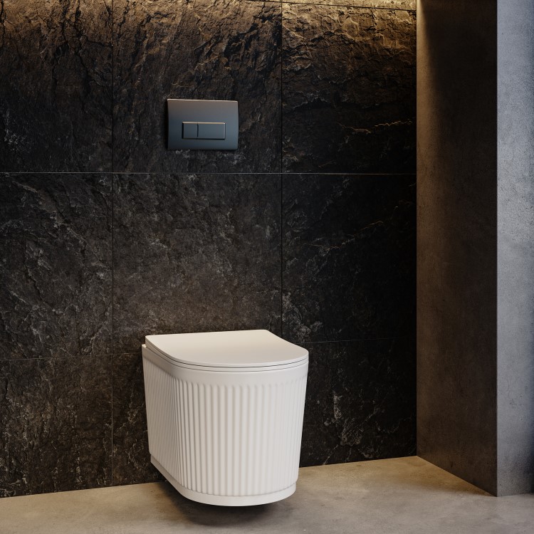 Fluted Wall Hung Toilet, 1160mm Pneumatic Frame & Cistern & Gunmetal Pneumatic Flush Plate - Oregon